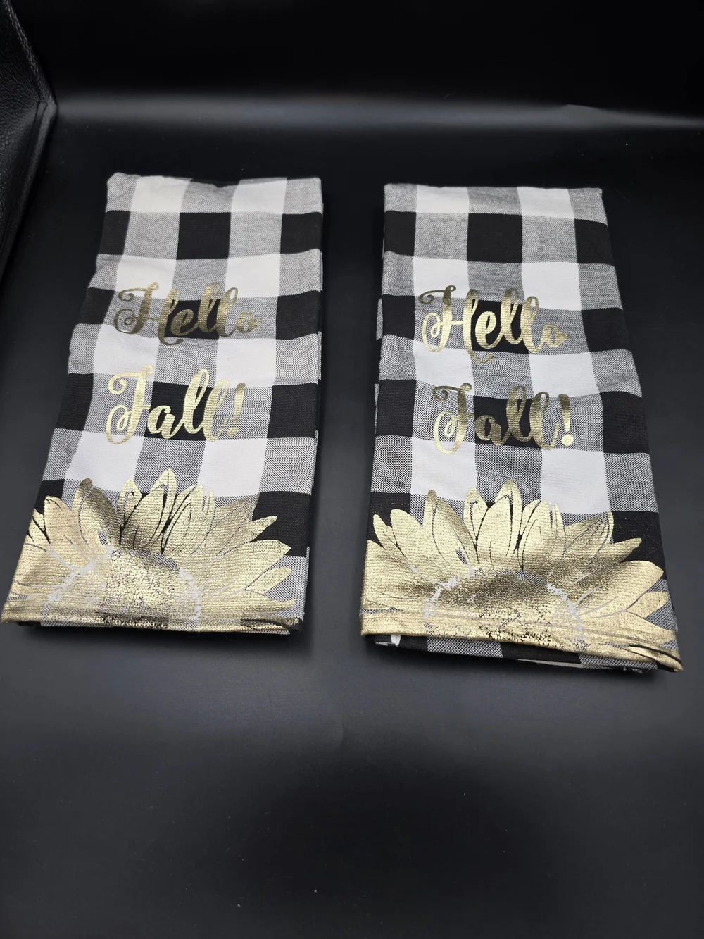 kate spade Black & White Buffalo Check Towels with Gold Sunflower